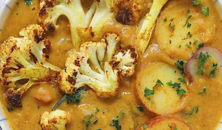 Tamorind Scented Roasted Cauliflower Soup with Pomegranate & Pistachio