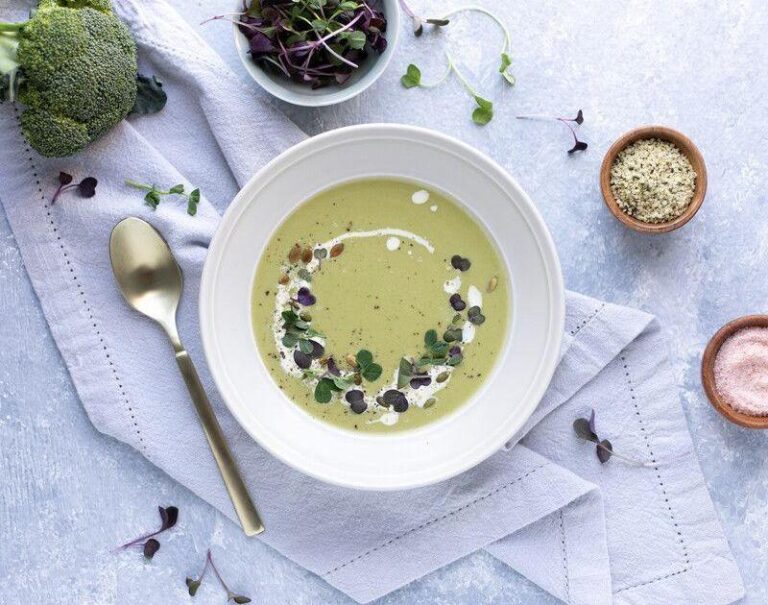 Creamy Broccoli Soup with Greek Yogurt, Ouzo, Ginger and Pumpkin Seeds