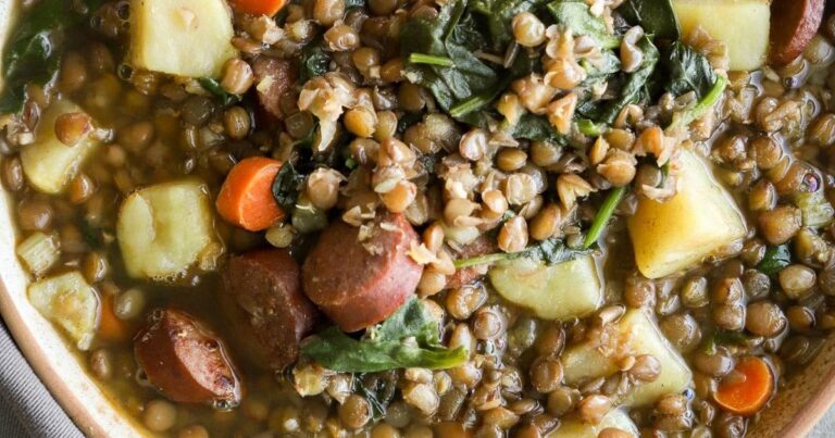 Lentil-Sweet Potato Soup with Spinach and Sage