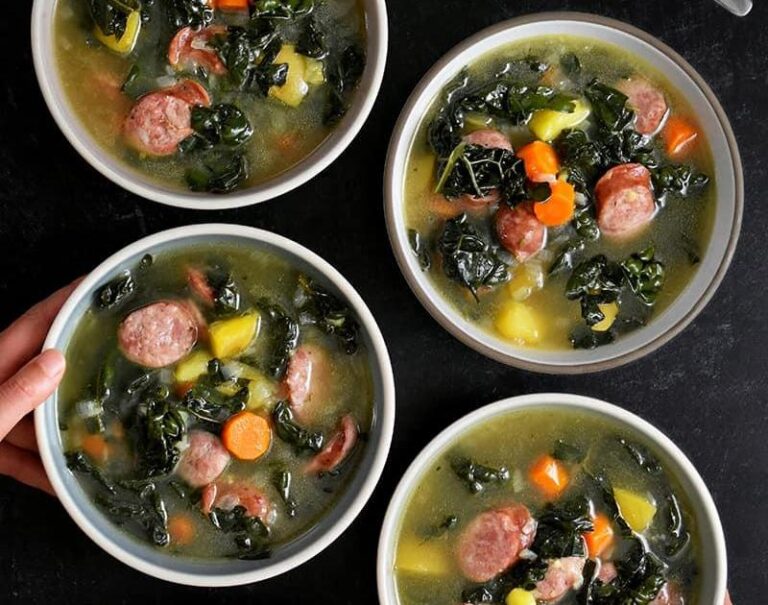 Roasted Garlic and Potato Soup with Sausage and Kale